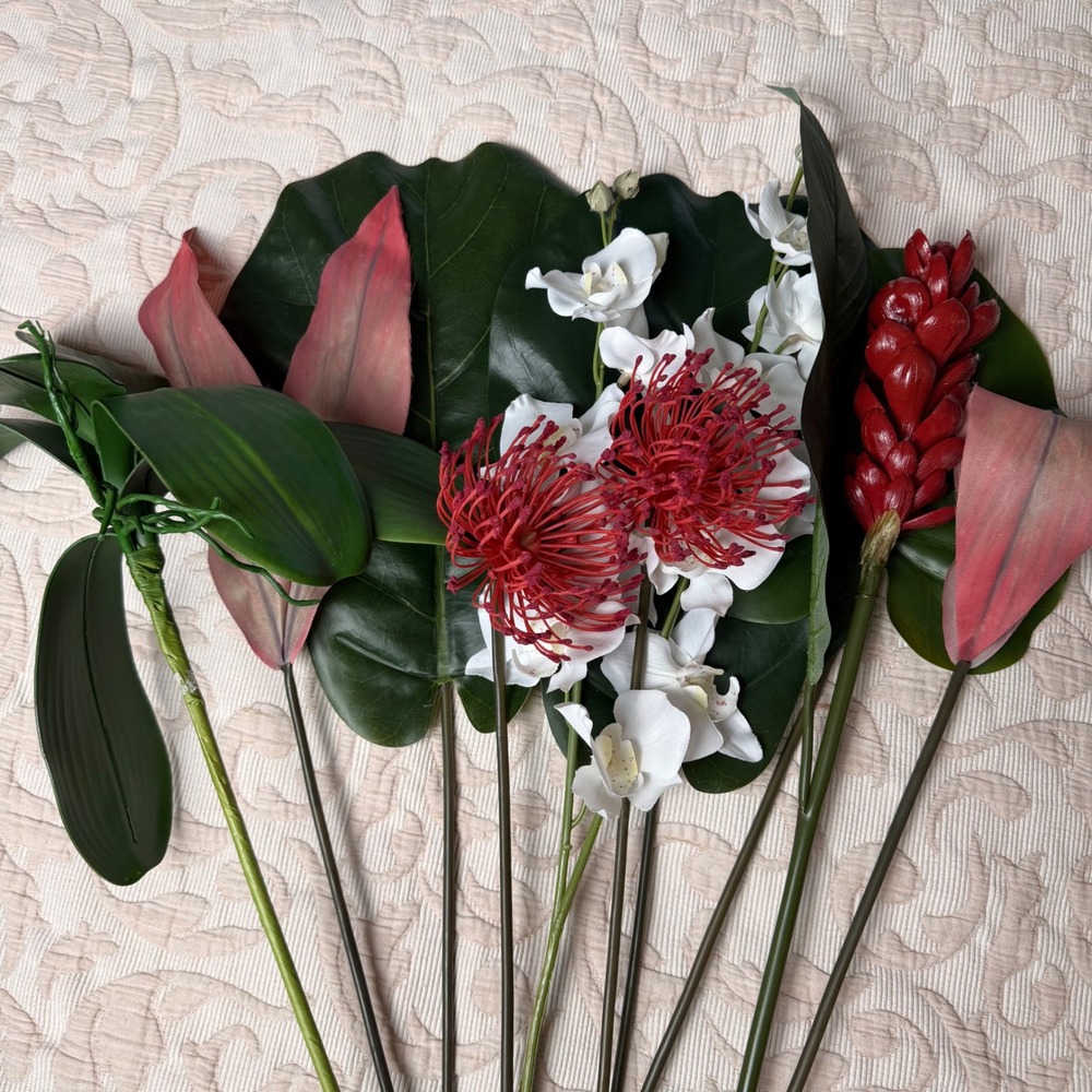 Tropical Artificial Floral Stems Set Orchids Ginger Protea Monstera Leaves 10pc